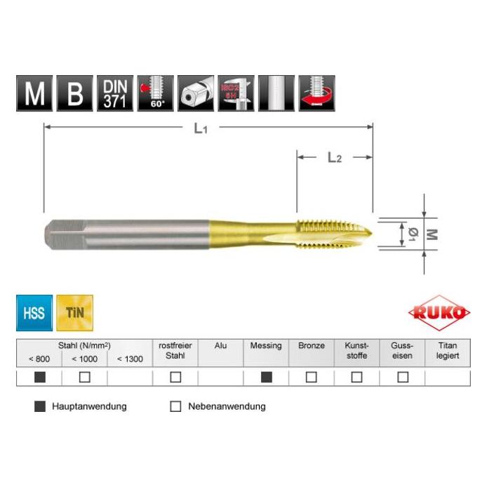 Ruko Maschinengewindebohrer M DIN 371 HSS-TiN, Form B, M 3 (56466685)