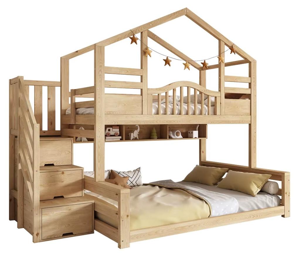 Haus-Etagenbett - Etagenbett mit Treppe - 90 x 200 cm - Stauraum - Regale - Holzoptik - Hell natur