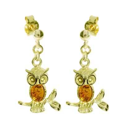 Paar Ohrhänger OSTSEE-SCHMUCK "- Eule - Gold 333/000 - Bernstein" Gr. 28, gold (gold 333, goldfarben, gelb), Ohrringe, Damen, 28, Gelbgold 333