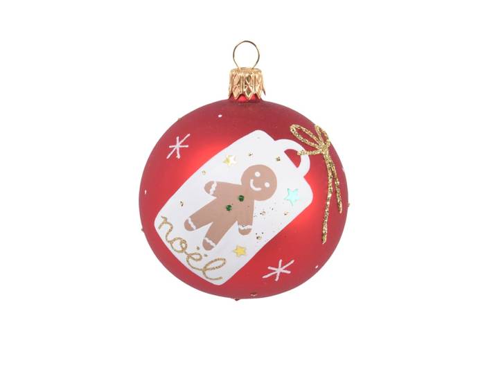 Weihnachtskugel mit Lebkuchenmotiv, beige, weiß und rot