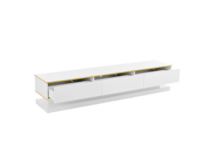 Fernsehschrank 200x40x40 cm Weiß Hochglanz Goldkante Spanplatte, Hochglanzoptik, 3 Schubladen mit Rückprallschalter, offene Regale, Montage erFor Forderlich