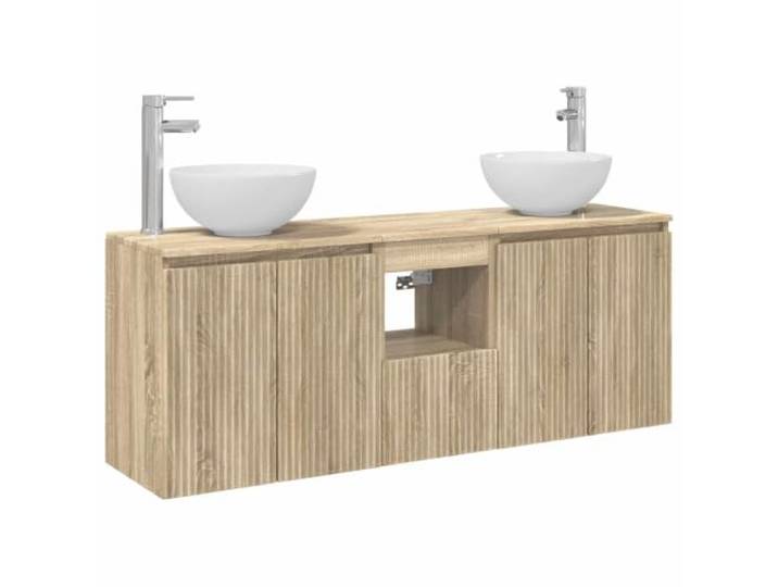 PUGYNBK Badmöbel-Set, 3-teilig, Sonoma-Eiche Wandmontierter Schminktisch mit 2 Waschbecken, zentraler Schrank, feuchtigkeitsbeständiges Holz