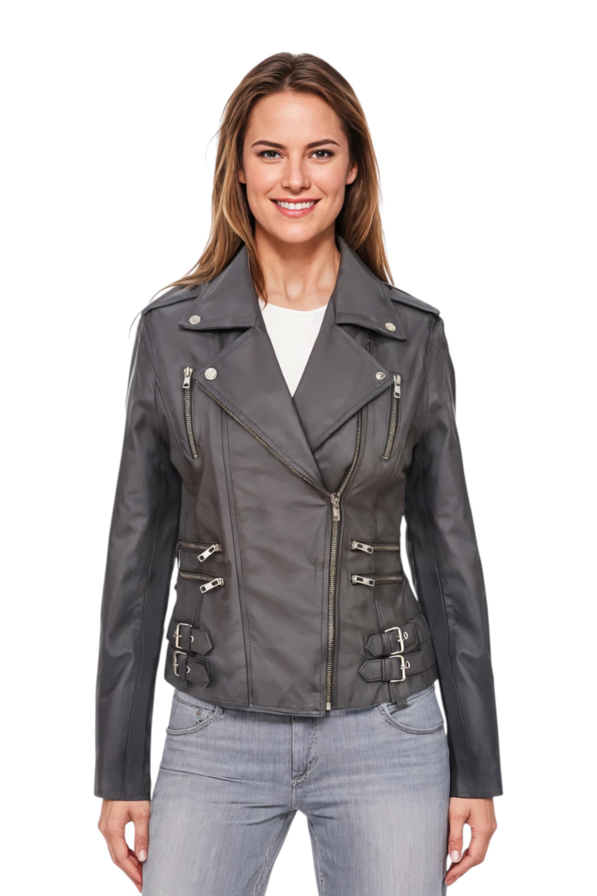 Damen Leder Grau Brando Bikerjacke-Constantia