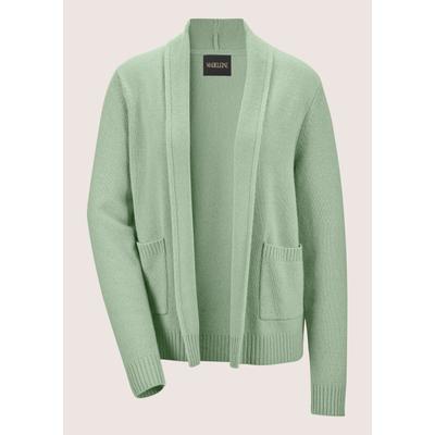 Strickjacke MADELEINE "Strickjacke Verkürzte Schurwolljacke mit Stehkragen", Damen, Gr. 40/42, grün (eisgrün), Obermaterial: 100% Schurwolle WV., Modern, normal, Strickjacken Strickjacke, verschlusslose Form