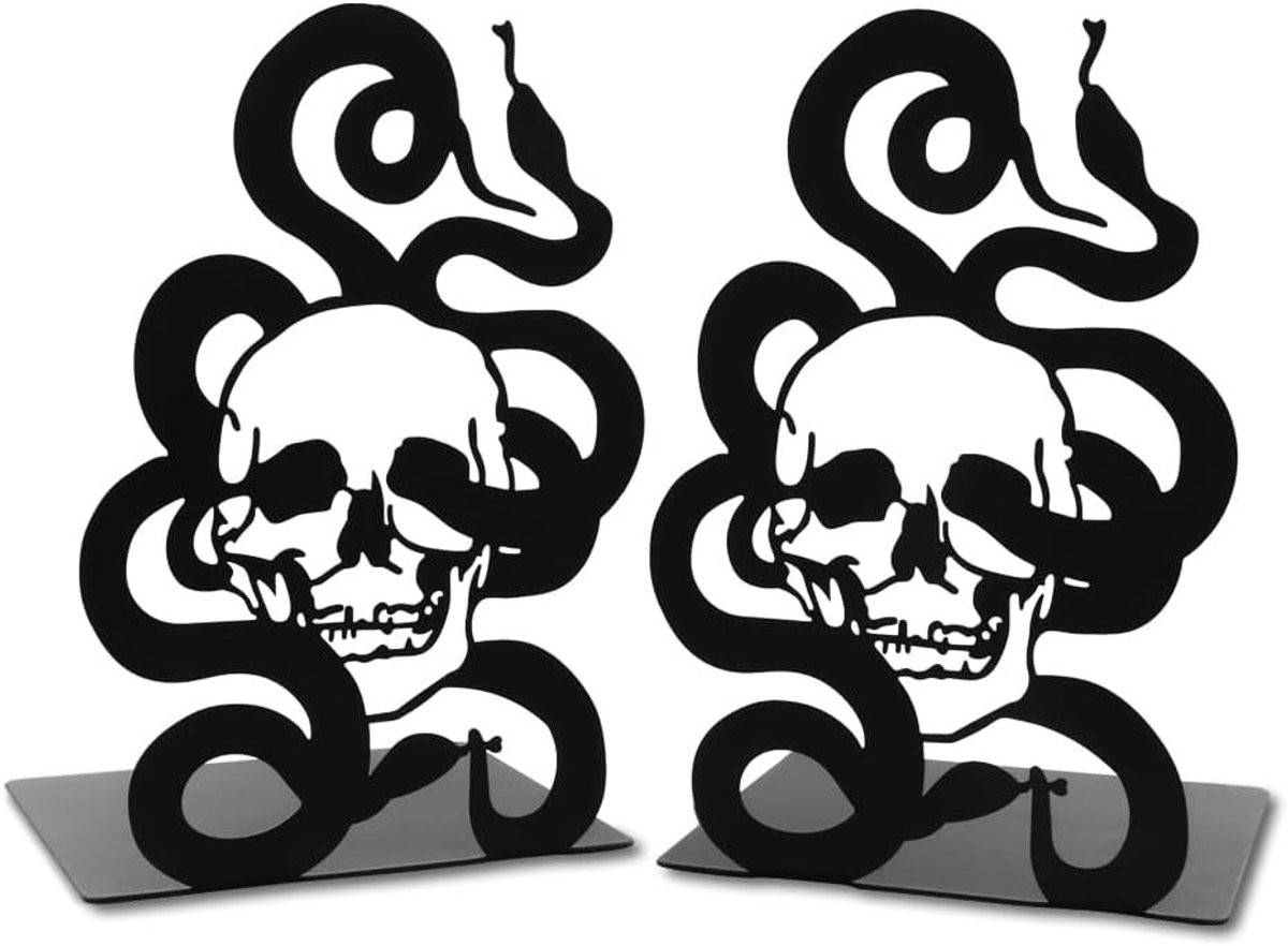 Zwarte Skull Design Boeksteunen van Metaal met Skelet en Slang, Moderne Decoratieve Boekenhouder voor Thuis en Bibliotheek