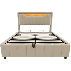 STILVORA Polsterbett Stoff Beige 140x200 cm mit hydraulischem Stauraum, LED, USB und USB-C