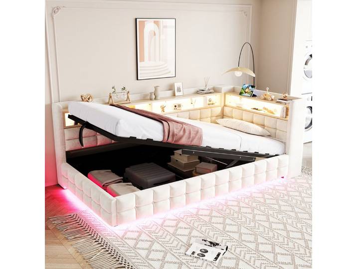 MODFU Schlafsofa USB- & Typ-C-Ladeanschlüsse, Holzregal, Lattenrost, Schlafsofa Stauraumbett, Hydraulischer Stauraum, LED-Beleuchtung, Jugendbett 90x200 cm, Inklusive Matratze