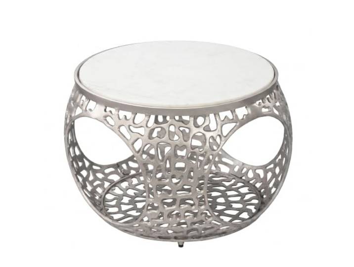WOHNLING Couchtisch 60x45cm Echter Marmor Weiß Alu Silber Handgefertigt Runder Beistelltisch, Sofatisch mit Marmorplatte, Wohnzimmertisch aus Metall, Ablagetisch mit Stauraum
