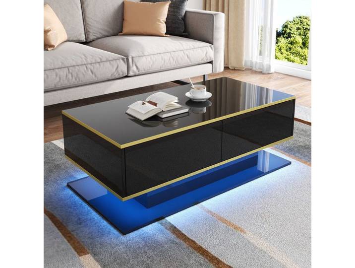 Table basse contemporaine - PDZZZD - LED - 3 tiroirs - Compartiment ouvert - Noir brillant