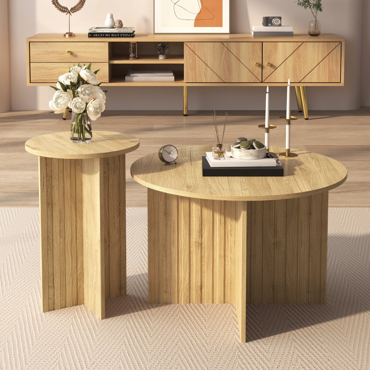 FLIEKS Moderne tweedelige houten genestelde tafels - Ronde salontafel en bijzettafel - Scandinavisch ontwerp