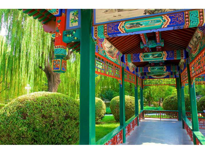 Fototapete PAPERMOON PAVILLON-PEKING PERGULA GASSE PARK BLUMEN GARTEN BÄUME , bunt, B:3,5m L:2,6m, Vlies, Tapeten, Fototapete