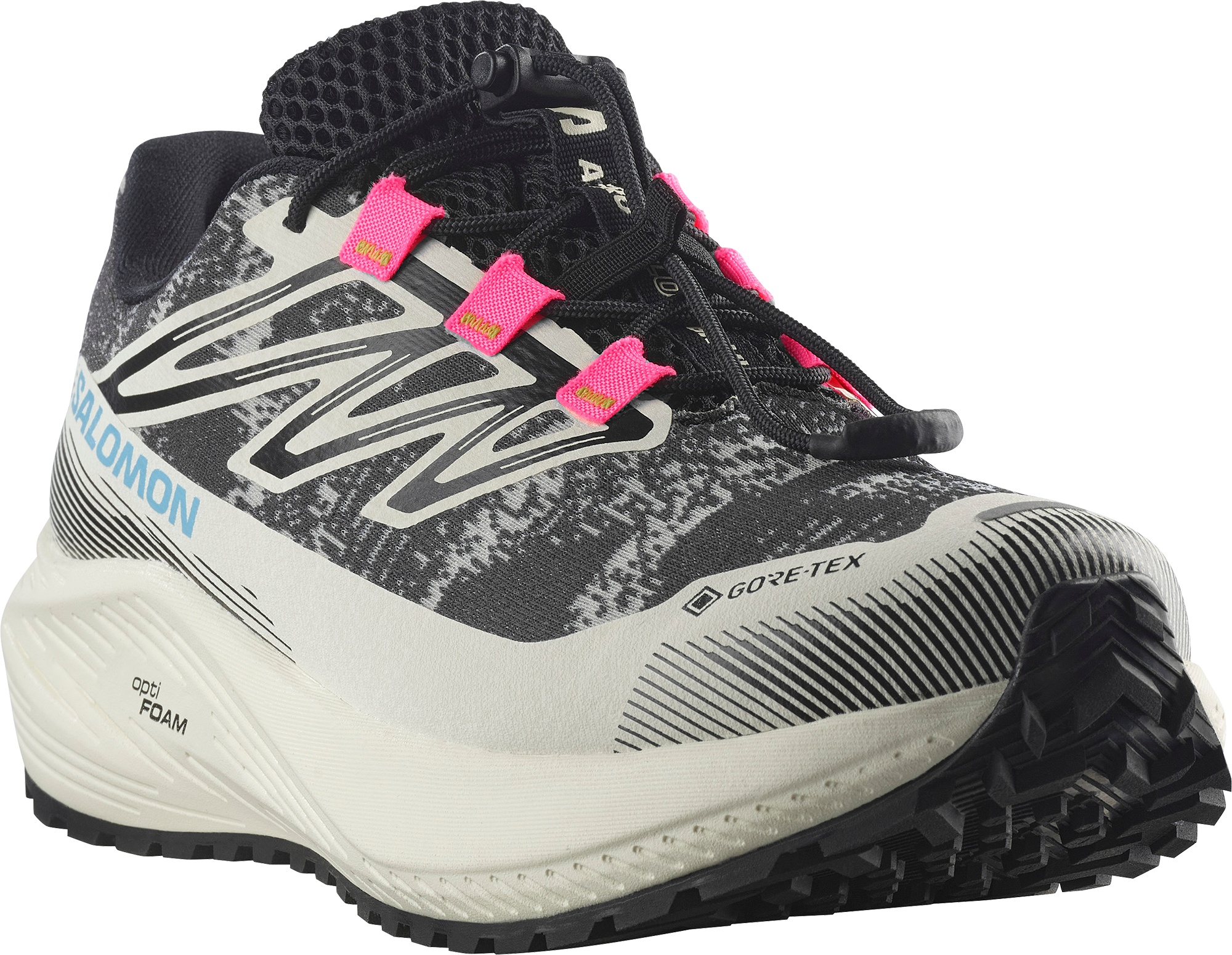 Laufschuh SALOMON "AERO FLOW GRVL GORE-TEX", Damen, Gr. 38,5, atmungsaktiv, schwarz-weiss (vanilla ice, schwarz, knockout pink), Synthetik, Textil, Schuhe Laufschuh, wasserdicht vanilla ice, schwarz, knockout pink 38,5, atmungsaktiv
