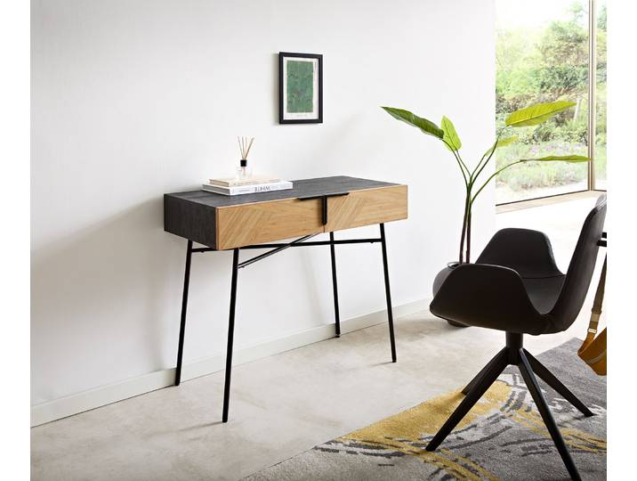 Table console Mikkusu 90x45 cm bambou naturel manguier noir 2 tiroirs métal noir