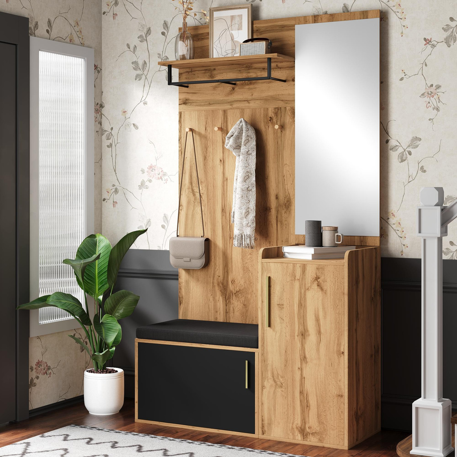 STILVORA Compacte garderobe met schoenenkast, haken, spiegel en zitbank in houtlook