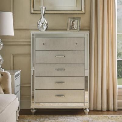 Benzara Five Drawer Solid Wood Chest with Mirror Accent Trim Front, Silver