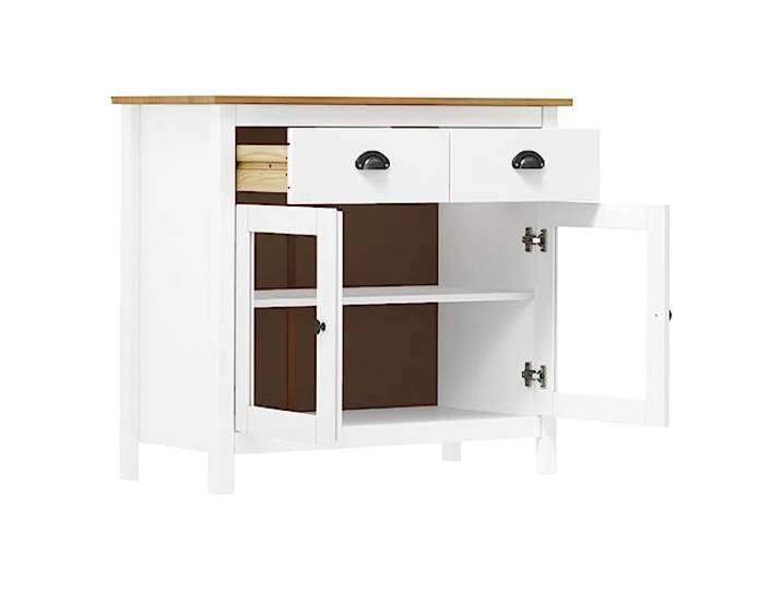 KTHLBRH Sideboard Hill, weiß, 90 x 40 x 80 cm, Massivholz, Kiefer 2 Schubladen, 2 Einlegeböden, 2 Glastüren, Schiebetüren mit Verriegelungen von Sizza, Montage erforderlich