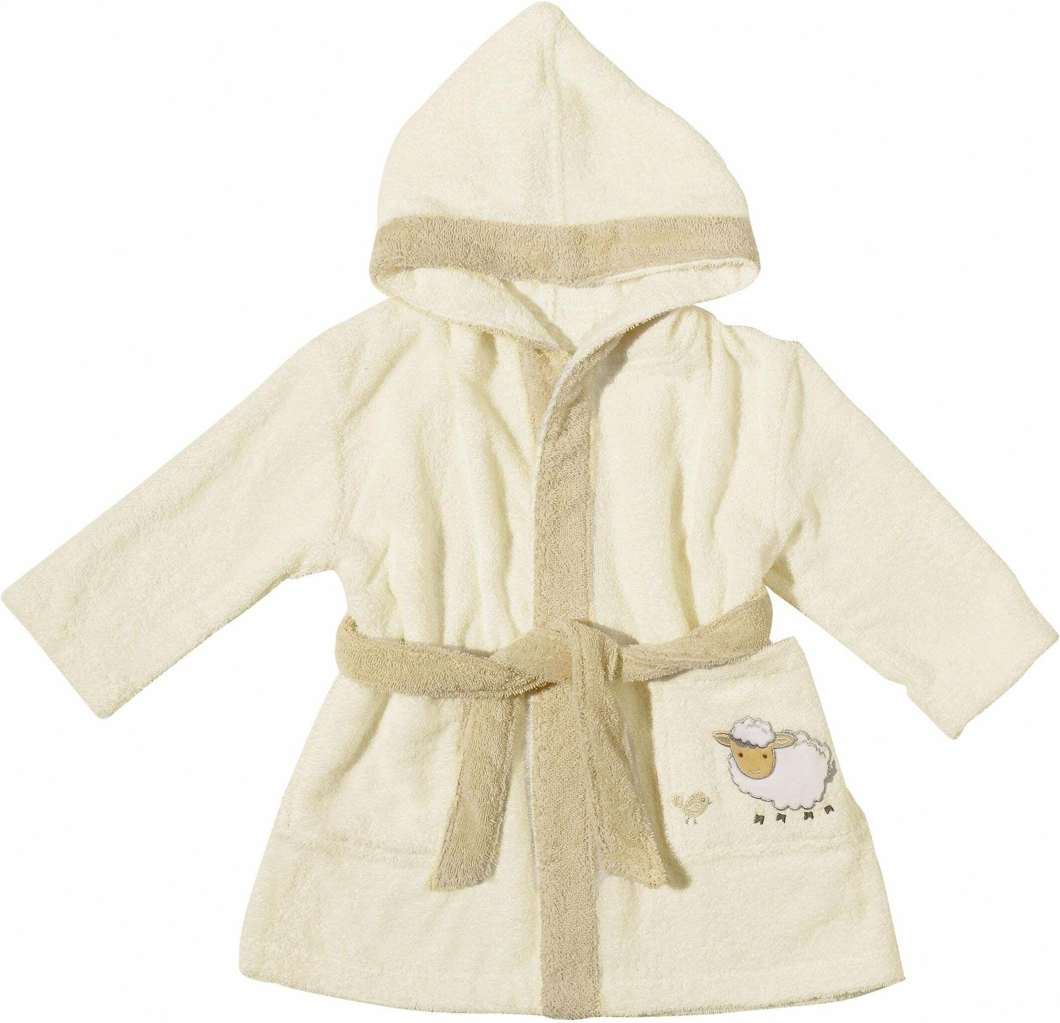 Kinderbademantel EGERIA "Sheep" Gr. 104, beige, L:63cm, Walkfrottee, Hausmäntel, Kinderbademantel, mit Kapuze und kleiner Stickerei, Organic Cotton beige 104 L: 63cm