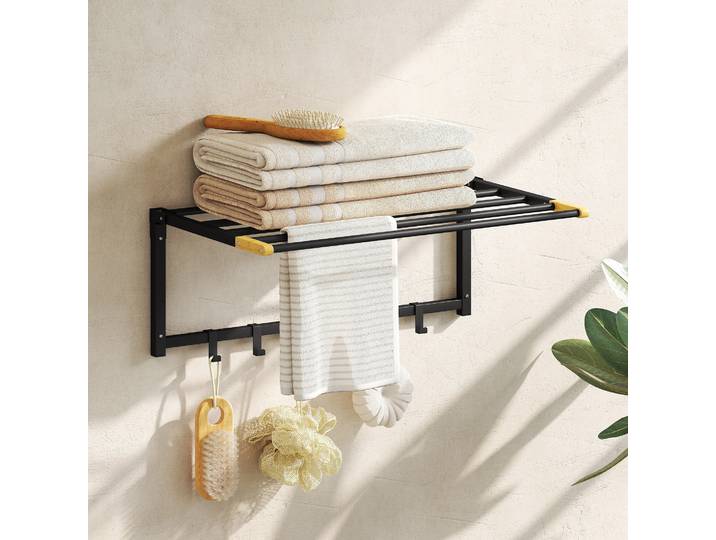 HOMCOM Porte-Serviettes Mural Pliant 60cm Noir Salle de Bain