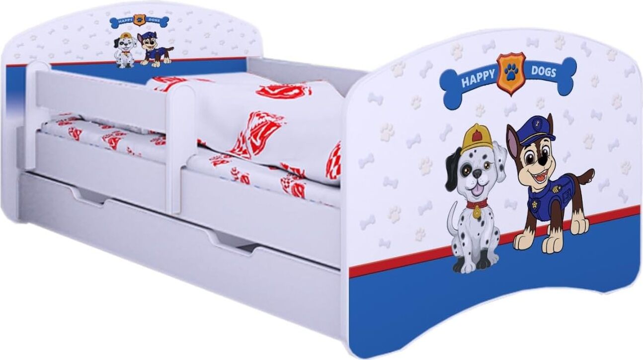 BDW, Kinderbett Super Hunde, mit Matratze & Schublade, Rausfallschutz, 180x90