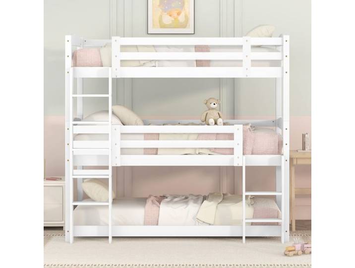 Lit Superposé Triple Enfant 90x200 Bois Blanc-ZUBALIYA -Transformable en 2 Lits，Livré avec Sommiers，Sans Matelas