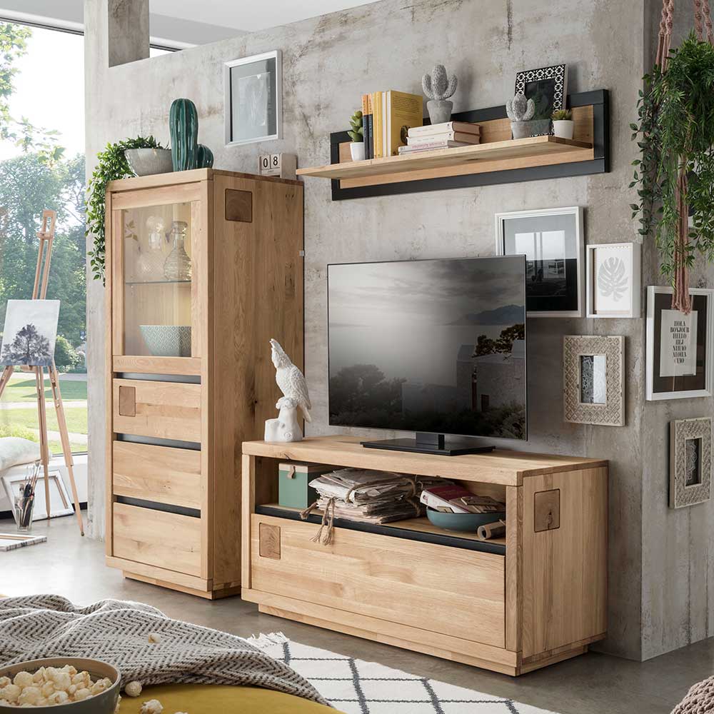 Pharao24.de Wohnwand modern aus Wildeiche Massivholz TV Lowboard (dreiteilig)