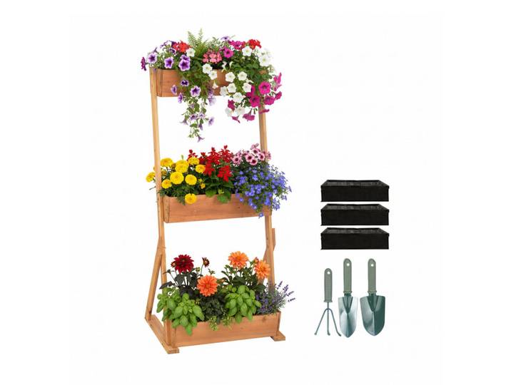 Relaxdays Vertikalbeet braun 3 Etagen, Hellbraun, Holz, Metall, 60x140x50 cm, Gartenzubehör, Hochbeete