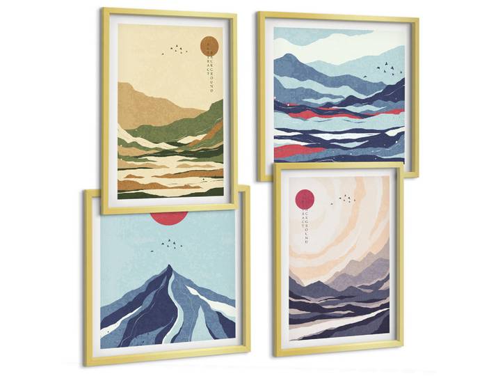 Tulup Bilder SET 4er Set - 50x50 cm & 40x60 cm Goldrahmen - Pastellfarbene Berge im Japandi-Stil, Goldfarben, Kunststoff, Rechteckig, 50x50 cm, Fotografie, Bilder & Rahmen, Bilder