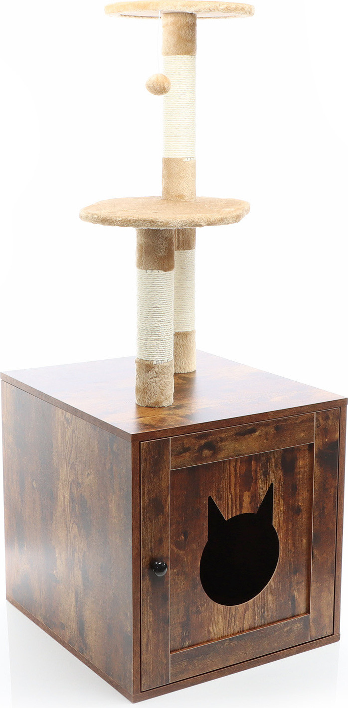 Fudajo Kraboom van hout met kattenhuis en kattenbak, vintagebruin, Hoogte: 125 cm