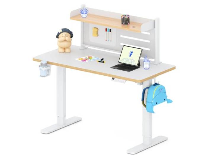 FLEXISPOT Kinderschreibtisch höhenverstellbar elektrisch 110 × 52 cm, Weiß Mit LED-Höhenanzeige, 3 Speicherplätzen, Becherhalter & Haken, ergonomischer, pflegeleichter Tischplatte & einfacher Montage