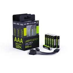 VERICO LoopEnergy 12-Pack AAA - Wiederaufladbare USB-C Batterie AAA 1,5V 900mWh (600mAh) Li-Ion, USB-C, 12er Pack AAA, 3 Stück Kabel USB-A auf 4 x USB