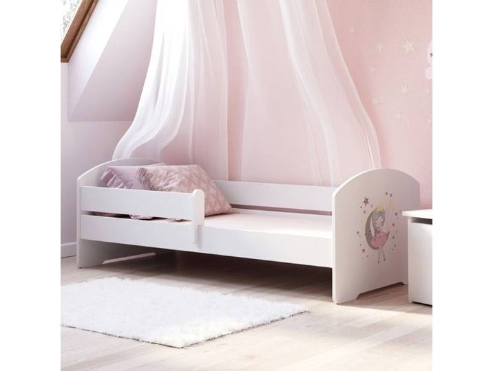 Lit enfant LUK 80x160 cm + SOMMIER + MATELAS avec BARRIÈRE DE SÉCURITÉ – avec illustration de princesse endormie