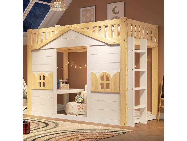 REDOM Etagenbett Modernes Hausbett mit Fenster & wechselbarer Leiter (Packung, Weiß+Natur, 211×150×95,5 cm, MDF+Holz, mit H12cm Matratze), umwandelbarer Unterraum, kreatives Design