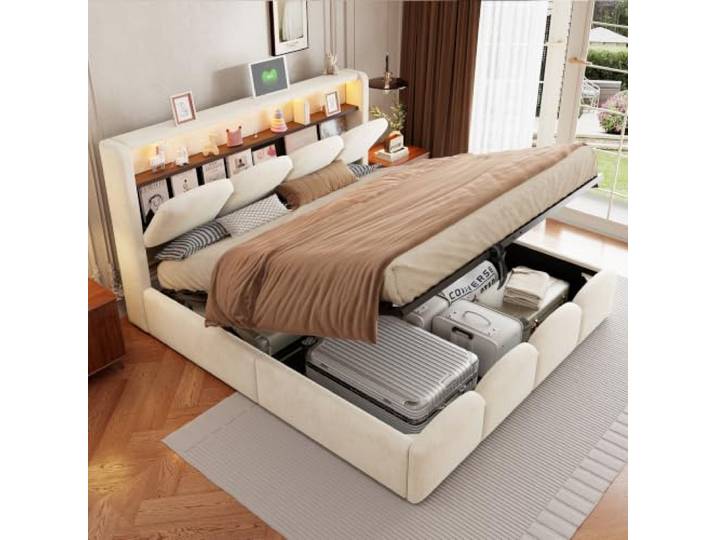 Merax Polsterbett 140x200 cm mit hydraulischer Staufunktion, Stauraum im Kopfteil, USB/Type-C, LED, Samtstoff, Blütenblattdesign – Beige (Ohne Matratze)