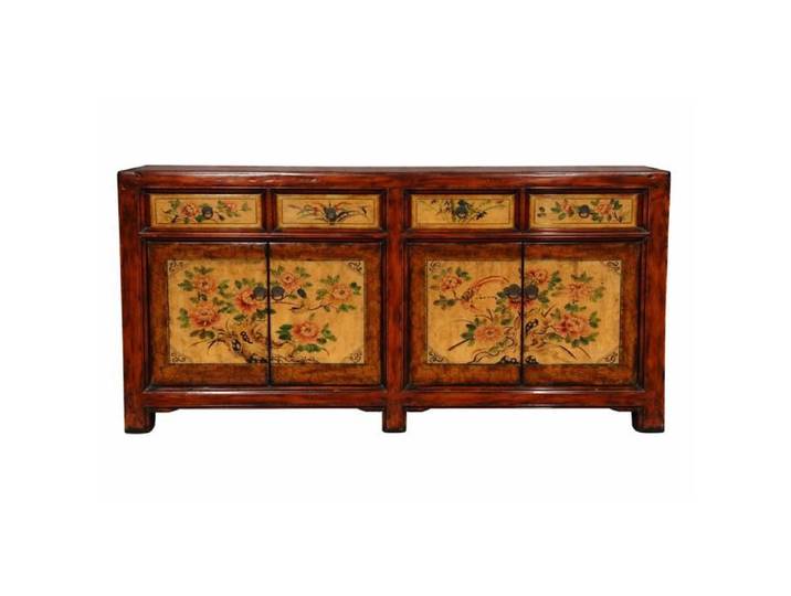 Fine Asianliving Buffet Chinois Ancien Pivoines Peintes à la Main L159xP42xH82cm