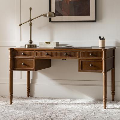 HULALA HOME Derk 55''W Transitional 5-Drawer Fluted Simple Assembly Desk with Charging Station and Cable Management