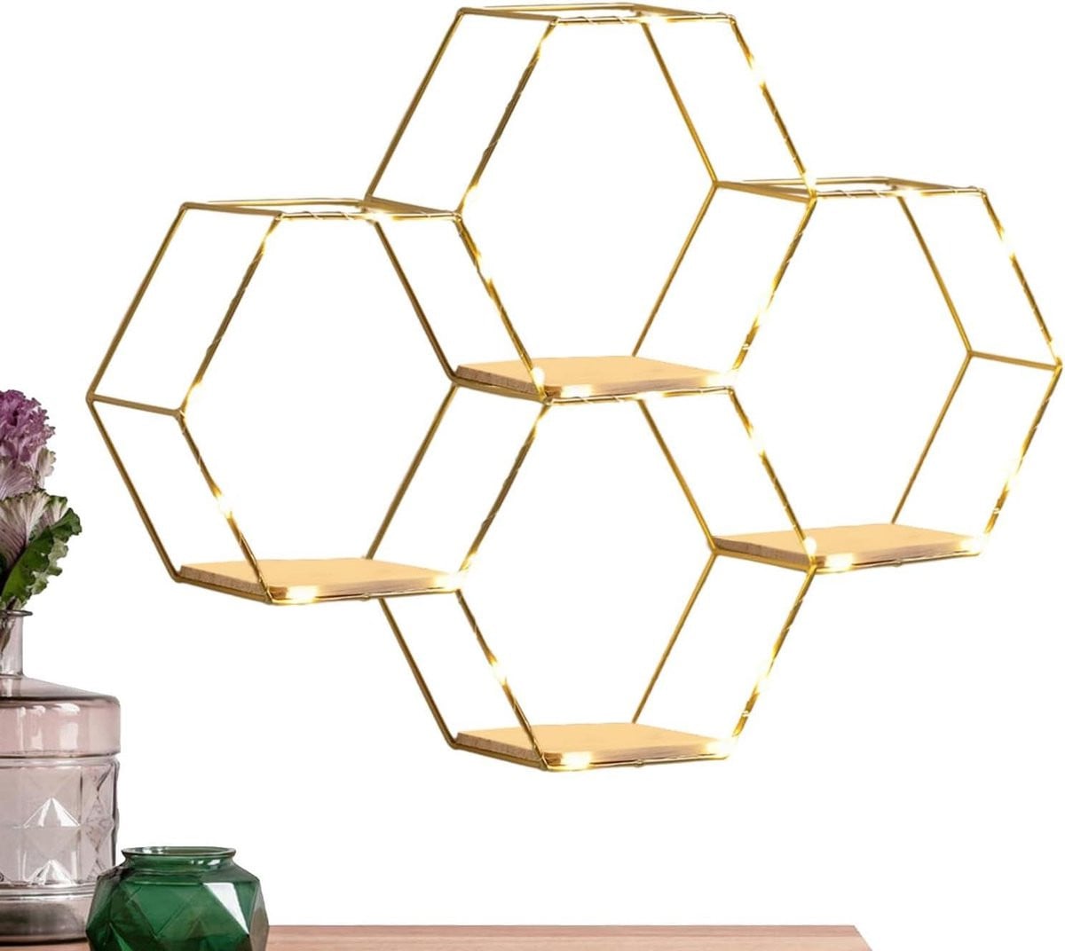 Set van 3 Zeshoekige wandplanken met geïntegreerde LED-verlichting - Zwart
