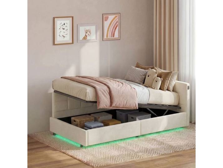 DADEA Lit Canapé Canapé Lit 90x200 Lit Coffre Avec Led Lit Rembourré Hydraulique Lit Multifonctionnel Lit Capitonné Beige Velours