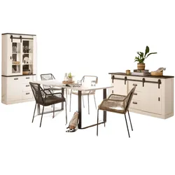 ESSZIMMER-SET weiß Pinie, anthrazit, Speisezimmer 3-teilig mit Esstisch, Vitrine, Sideboard