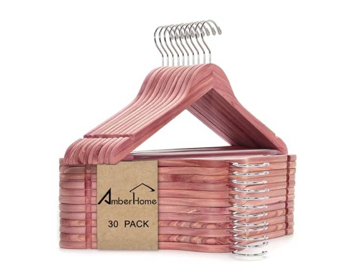 Amber Home Kleiderbügel, natürliches Zedernholz, 30 Stück Kleiderbügel aus Holz mit rutschfester Hosenstange, Zedern-Kleiderbügel für Hemden, Jacken, Kleider und Hosen