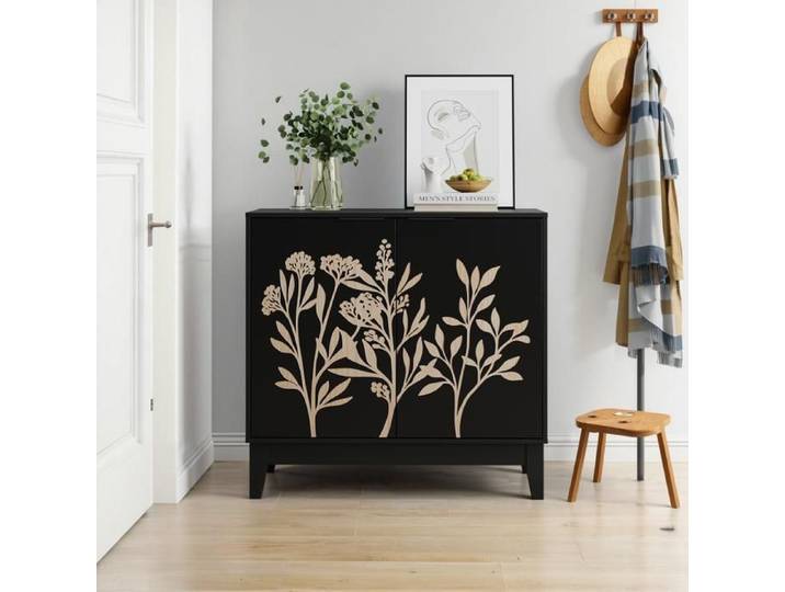 Buffet vintage sculpté - 80 cm de longueur - Noir - MDF résistant à l'eau - Sculpture florale décorative