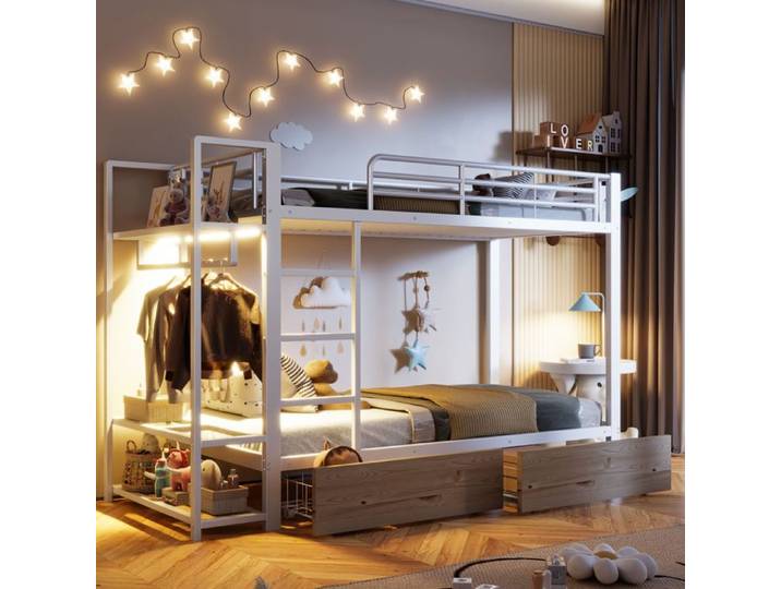 Lit superposé - 90x200 cm - Cadre fer & MDF - LED réglable via app - 2 tiroirs et séchoir intégré