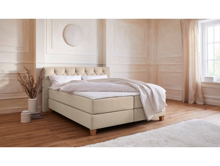 Boxspringbett, Struktur (100% Polyester), Beige, 183×210 cm, 7-Zonen-Kaltschaummatratze H2/H3, Modern, Home-affaire