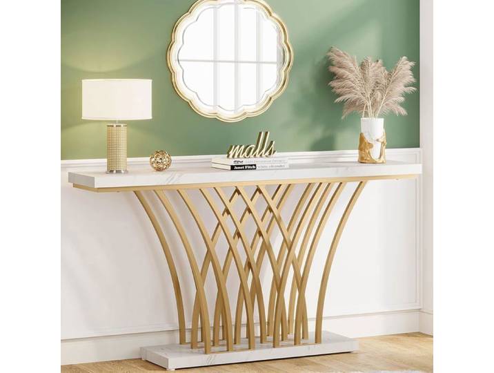 Tribesigns Table Console dorée - 150 x 29 5 x 80 cm - Moderne - avec Pied en métal en Forme de Grilleentrée pour entrée Couloir Or