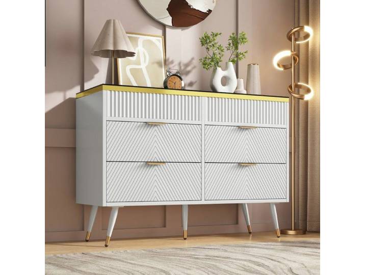 Buffet haut - LANGTU - 120x40x76 cm - 6 tiroirs - Anti-basculement - Verre ambré