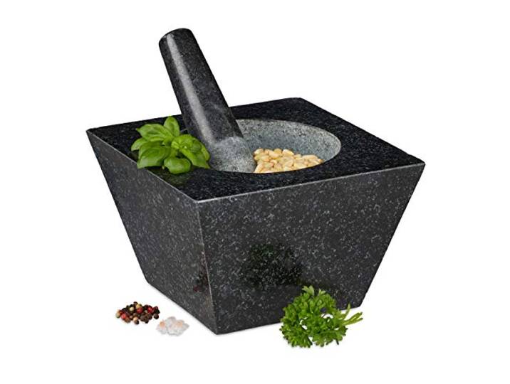 Relaxdays Mortier et Pilon\, XXL\, Granit\, épices et Herbes\,750 ML\,6\,75 kg\, mortier en Pierre 12x19\,5x19\,5cm\, Noir