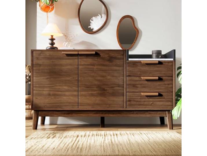ModernLuxe LED Sideboard 140x78,5x41 cm, Designer Sideboard Holz Schwarz mit LED-Beleuchtung und Glas, 3 Türen und Stauraum – Vielseitig einsetzbar, Modernes Design mit Regalen