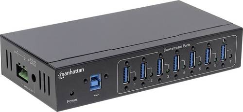Manhattan 164405 USB-Hub 7 Port USB-A USB 3.0 5 GBit/s Metallgehäuse, für industrielle Anwendungen, zur Wandmontage Schwarz 164405