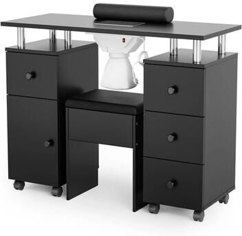 No Nail Desk with Built-in Dust Collector, Wrist Rest, Lockable Wheels and Drawer, Professional Manicure Workstation for Salon