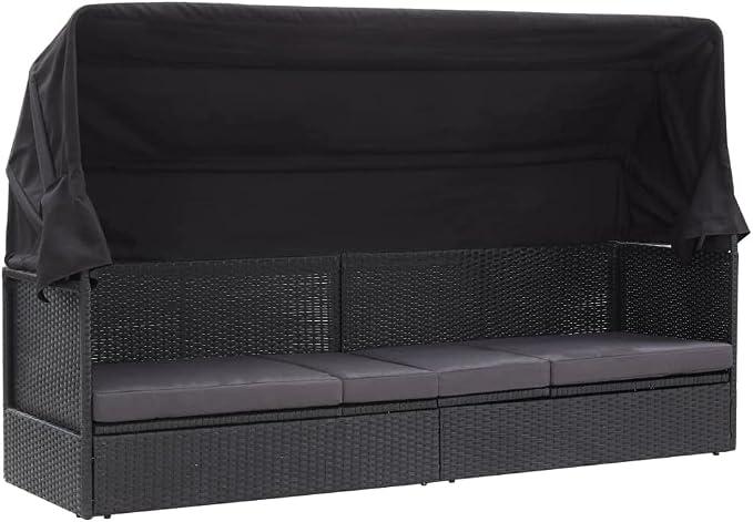 Outdoor Sofabett mit Dach aus PE Rattan schwarz, Gartenliege mit Sonnenschutz, wetterfeste Relaxliege mit abnehmbarem Sitzkissen, 205 x 62 x 124 cm