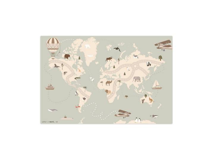 OnlyWow Kinderteppich - Weltkarte - Tiere - Flugzeug - Kind - Heißluftballon - 105x70 cm, Salbeigrün, Kunststoff, Rechteckig, 105x0.3 cm, rutschfest, Teppiche & Böden, Teppich, Kinderteppich